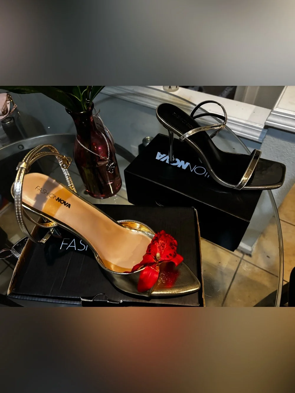 Fashion Nova Metallic Gold Slingback Heels with Red Bow